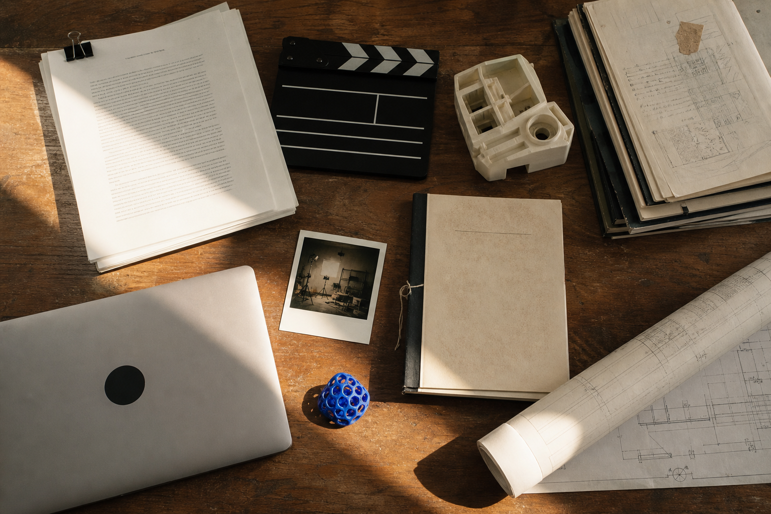 A year-end capstone work bench: a bound novella manuscript, a film slate, a 3D-printed prototype, marked-up sketchbooks, and a polaroid from a film set.