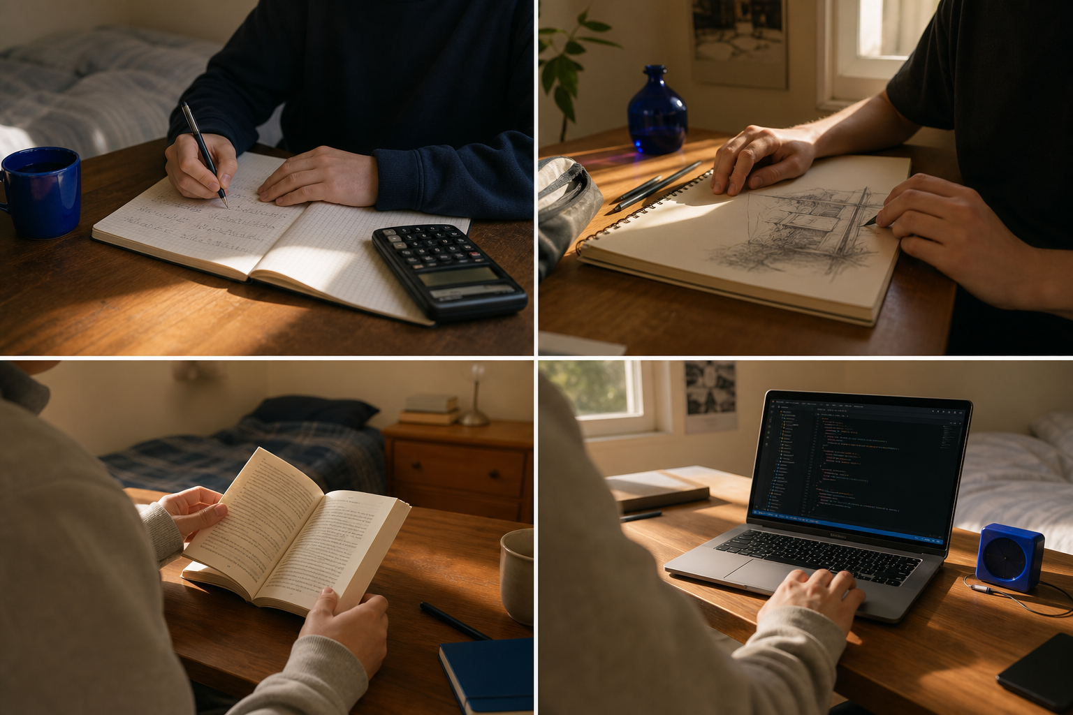 Four students working in parallel in their own rooms, viewed as a 2×2 grid of video tiles.