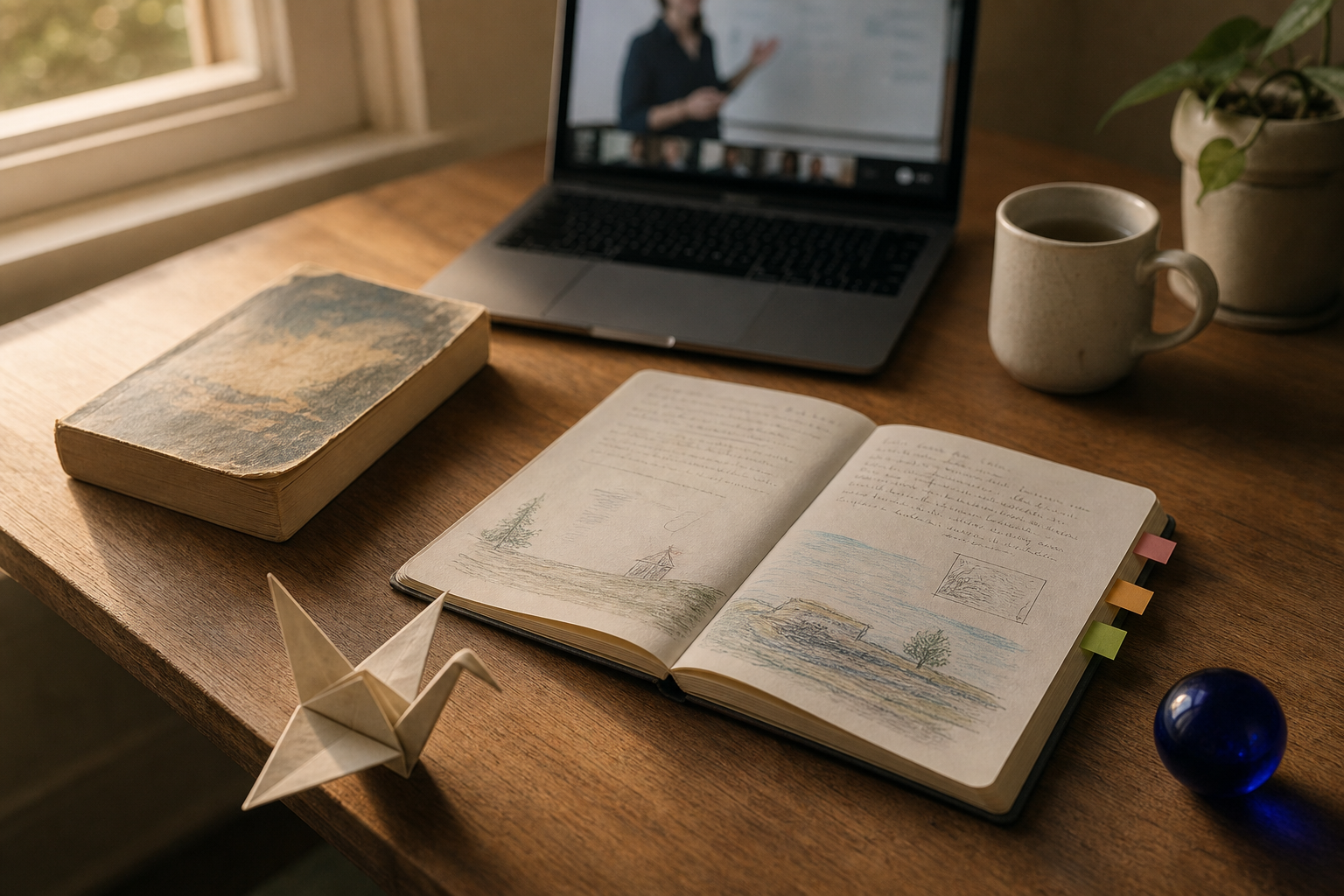 A student's home study desk: open laptop with a class on screen, a paperback novel, hand-drawn project notes, and a half-finished origami crane in soft afternoon light.