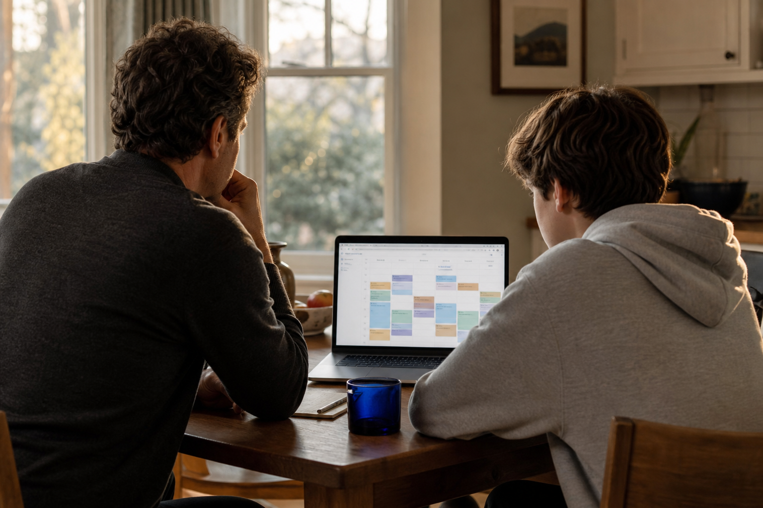 A mentor and student talking through a plan together over a video call, notebook open on the desk.