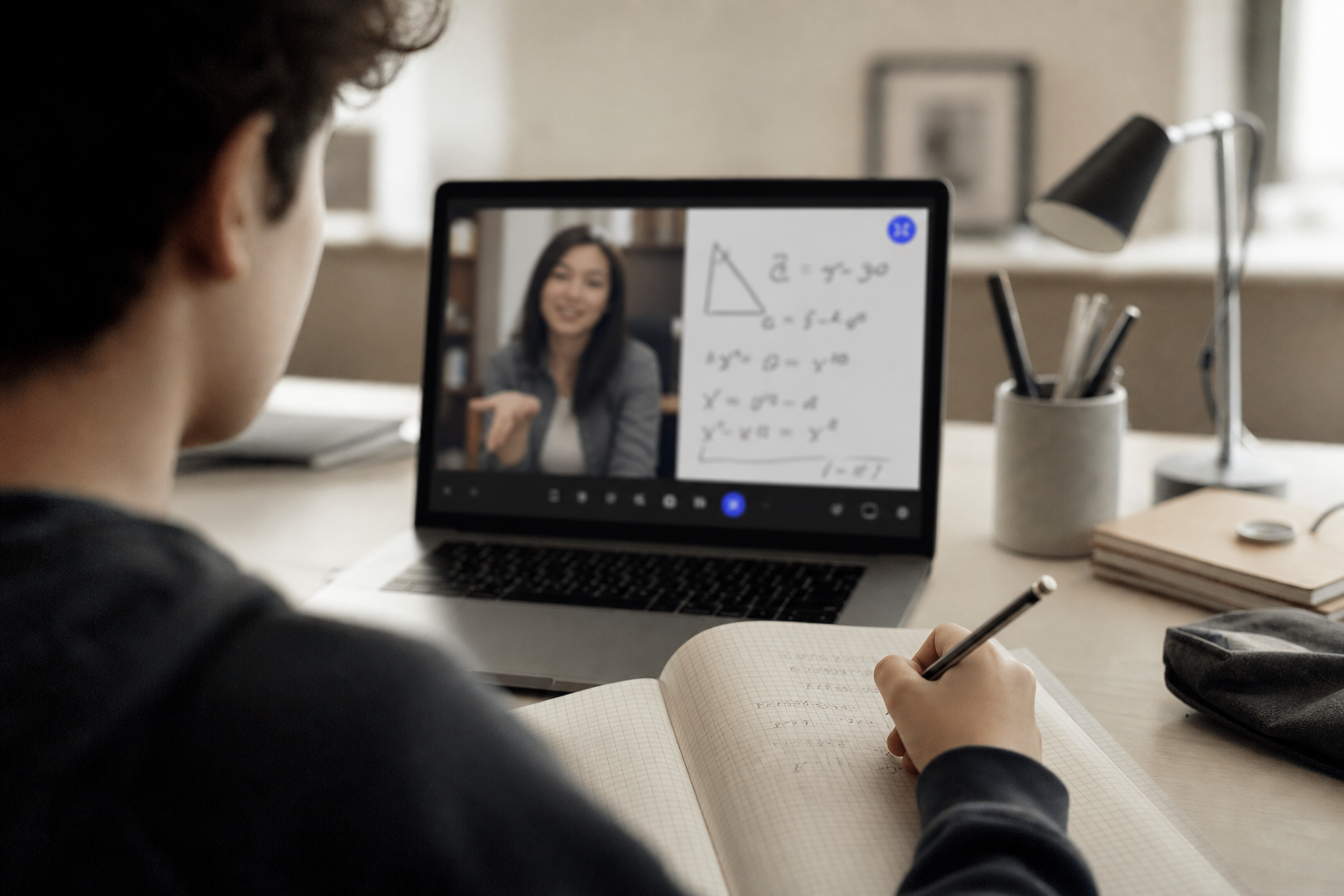 Over-the-shoulder view of a one-on-one online tutoring session: a teacher visible on the laptop screen, a student's hand writing in a grid notebook.