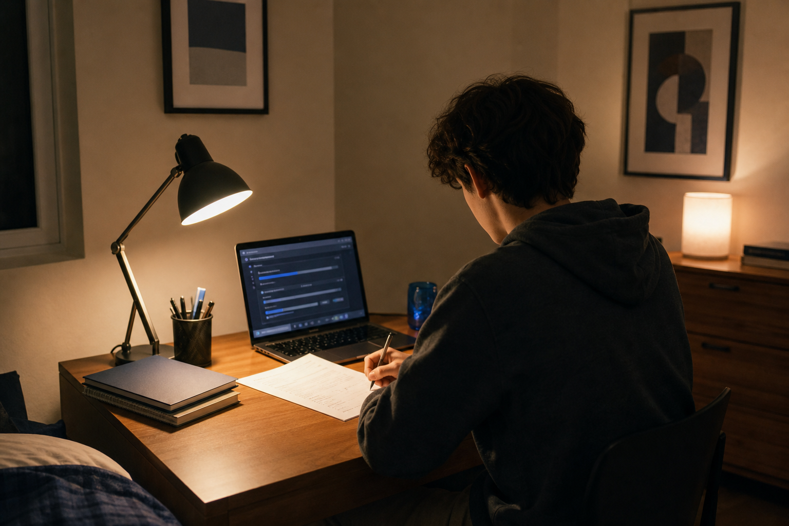 A student at a desk under a single warm lamp, working through a self-directed lesson late in the evening.